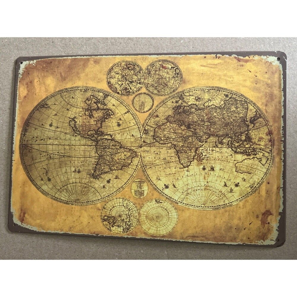 Old World Map Sign - Vintage Style Metal Tin Wall  12x8”